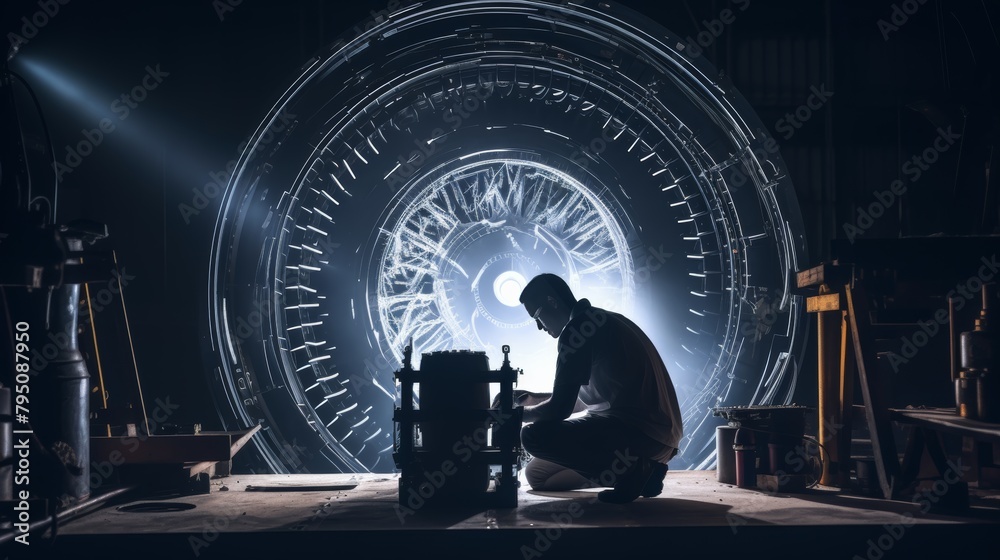 Poster a silhouette of an aerospace engineer designing a spacecraft in a wind tunnel.
