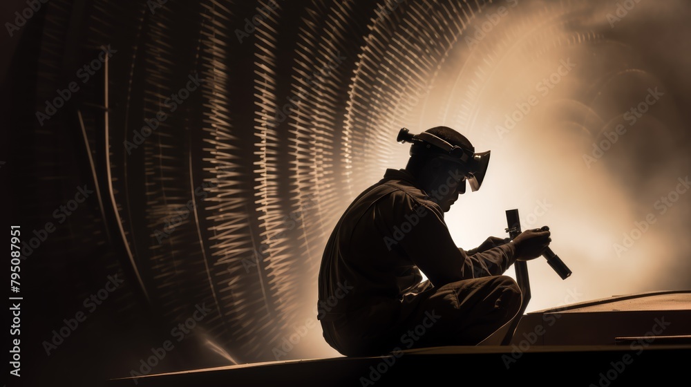 Poster a silhouette of an aerospace engineer designing a spacecraft in a wind tunnel.