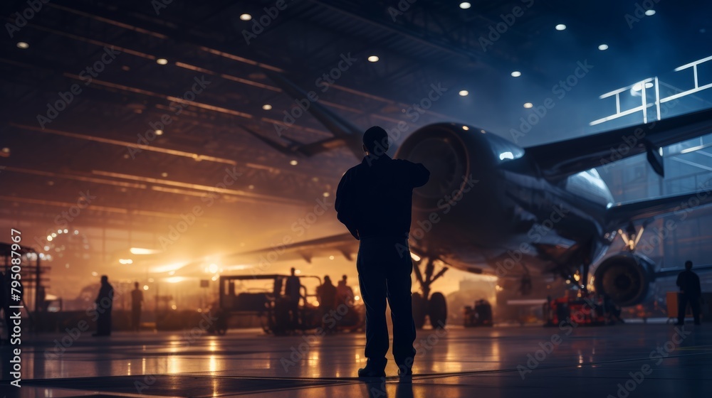 Poster a silhouette of an aerospace engineer examining a spacecraft in a hangar, preparing it for launch.