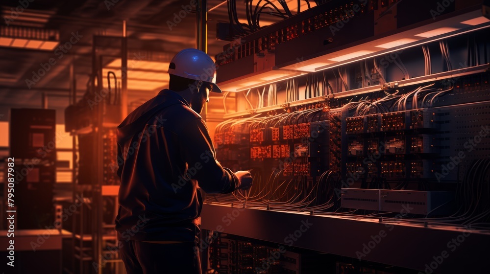 Aufkleber a silhouette of an electrical engineer fixing a circuit board in a power plant.