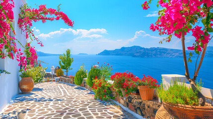 Santorini island Greece. Beautiful sea view at sunny day - obrazy, fototapety, plakaty