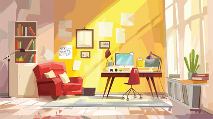 Workplace with decor in messy living room Vector illustration