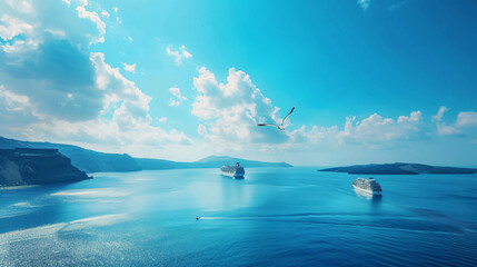 Santorini island Greece. Blue sea and the blue sky.  - obrazy, fototapety, plakaty