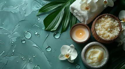 Spa Essentials with Orchids and Candles on Watery Surface	
