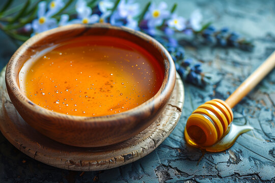 Rustic background with ceramic bowl, natural golden flower honey and wooden spoon on a blue table