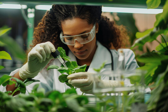 Black female scientist researching on plants in laborotory. Concept for biotechnology and genetic modification.