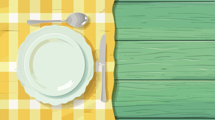Yellow tablecloth with plate and set of cutlery on gr