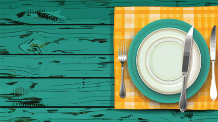 Yellow tablecloth with plate and set of cutlery on gr - obrazy, fototapety, plakaty