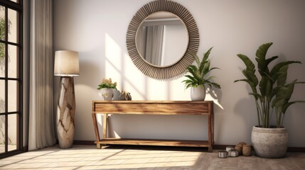 A welcoming entryway with a modern console table, a statement mirror, and a warm, inviting ambiance.