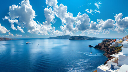 Santorini island Greece. Blue sea and the blue sky  - obrazy, fototapety, plakaty
