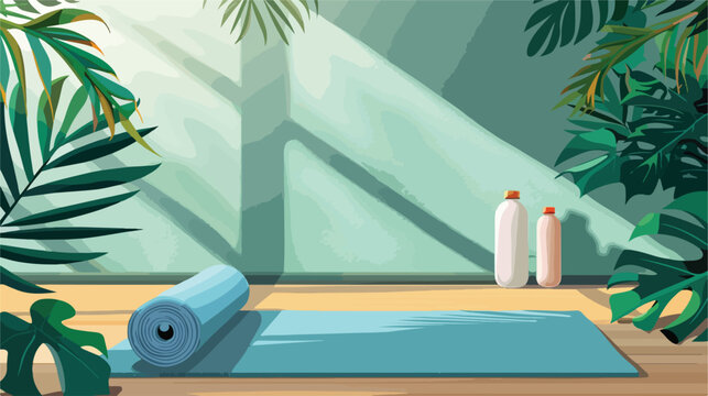 Yoga mat with foam roller and bottle near green wall