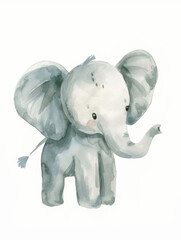 Ai Generated Art Watercolor Adorable Baby Elephant in Pastel Grey Colors Isolated On White Background