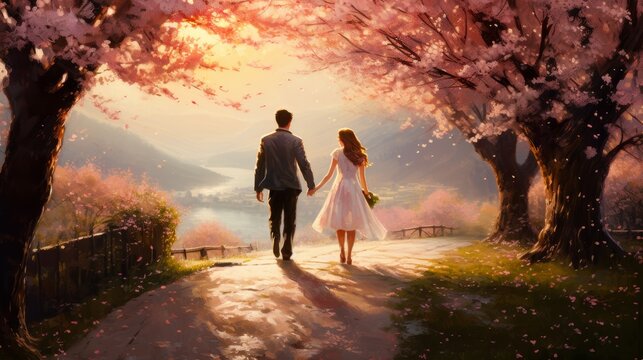A young couple walking hand-in-hand along a path lined with cherry blossom trees.