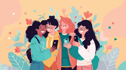 Young people embrace each other and hold smartphone f