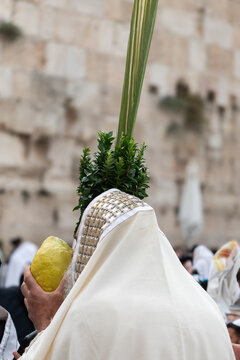 Closeup of an Orthodox, Jewish man holding a lulav and etrog or citron during prayer services on the festival of Sukkot in Jerusalem..