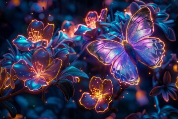 Blue purple neon illuminating butterflies