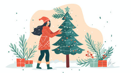 Young woman cares for Christmas tree. Reuse xmas tree