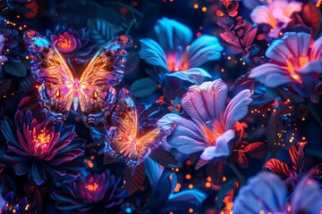 Obraz na płótnie Canvas Blue purple neon illuminating butterflies