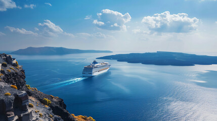 Santorini island Greece. Cruise ship ne the coast. background