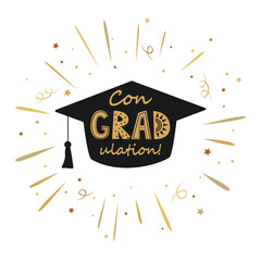 Congratulations on graduation, graduate cap with Congradulation lettering in retro gold firework frame. Greeting card design element for graduation party. Vector isolated illustration.
