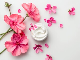 cosmetic creams with pink flowers, geranium flower, skin cream on a white background