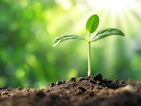 A seedling growing on a pile of coins has a natural backdrop, blurry green