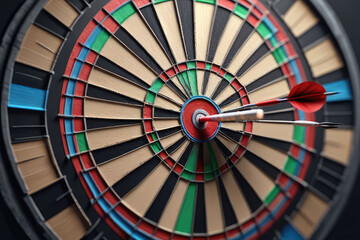 Obraz premium Darts, close to the plan, hit in the middle. Symbolizing breakthrough innovations in fintech solutions.