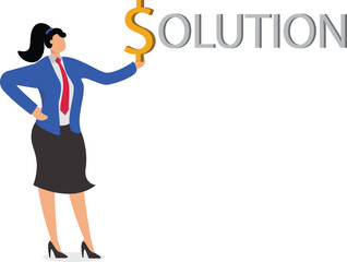 Problem solving concept illustration, businesswoman hand holding dollar sign composed of letters solution