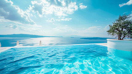 Santorini island Greece. Luxury swimming pool with sea