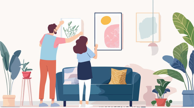 Young couple hanging painting on light wall at home vector