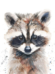 Ai Generated Art Watercolor Portrait of Adorable Racoon in Pastel Grey Colors Isolated On White Background