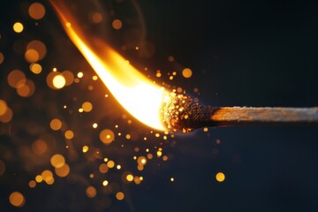 A flaming matchstick being ignited against a dark backdrop, capturing the intense moment of ignition with vibrant colors and contrasts.