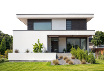 Front view of a modern family friendly white house with garden isolated on a transparent background