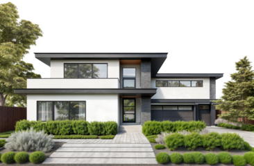 Front view of a modern suburban house with green plants isolated on a white background