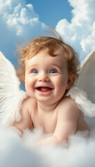 (((A baby, smiling, with wings, among the clouds)))  A serene and ethereal photorealistic image of a joyful baby with angelic wings, peacefully floating among the fluffy clouds, capturing the innocenc