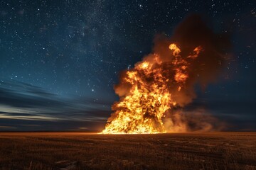 A roaring bonfire against a starry night sky in an open field, showcasing the grandeur and vastness of the flames against the dark backdrop.