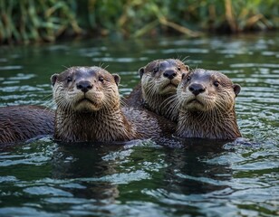 Photograph a playful otter family swimming in a sparkling river surrounded by lush vegetation.
