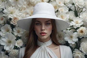 Woman in White Hat Surrounded by White Flowers
