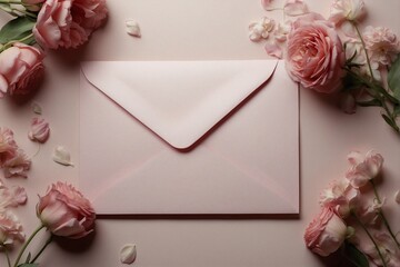 Open Pink Envelope with Flowers and Greeting Card