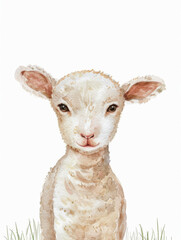 Ai Generated Art Watercolor Portrait Of Cute Childish Baby Lamb Sheep in Pastel Colors Isolated On White Background