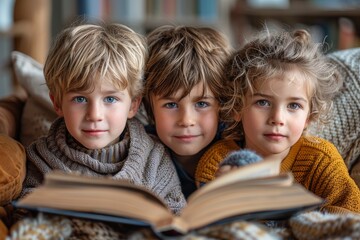 Warm portrait of three kids closely gathered together, sharing a story from a book