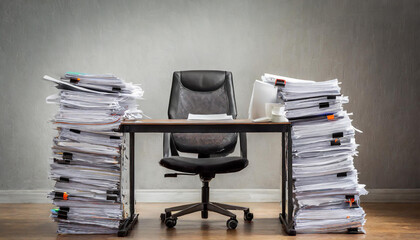 An office desk and chair with stacks of paper. Bureaucracy or stress concept  - obrazy, fototapety, plakaty