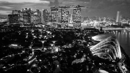 Sunset aerial view of Marina Bay and Singapore skyline