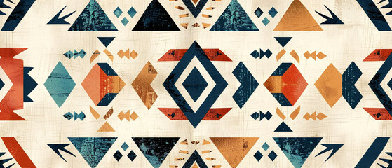 Colorful Aztec-inspired print featuring bold geometric shapes in various shades on a fabric background.