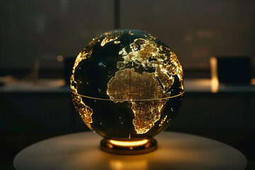 Glowing globe in a dark room showing interconnected financial centers, a symbol of global commerce unity