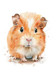 Ai Generated Art Watercolor Portrait Of Cute Childish Guinea Pig HAmster in Pastel Colors Isolated On White Background