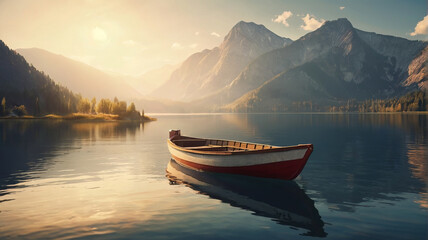 A boat floats on the calm water on mountains background. AI generated