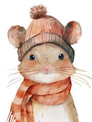 Ai Generated Art Watercolor Portrait Of Cute Childish Mouse In a Hat and Scarf in Pastel Colors Isolated On White Background