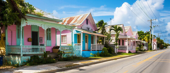 Colorful Bahamian colonial-style houses line the streets of Nassau, vibrant and picturesque in the sunlight.
