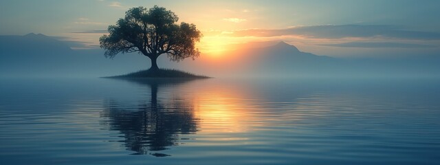 a lone tree at lake with misty fog morning atmosphere, generative Ai - obrazy, fototapety, plakaty